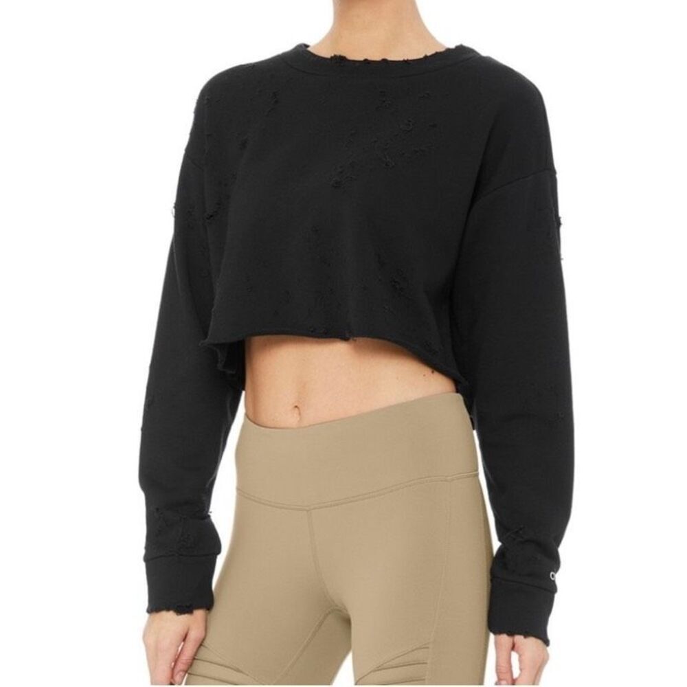 Alo Yoga Fierce Distressed Raw Black Crop Sweatshirt Top sz XS